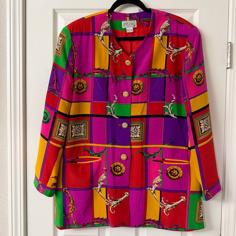 Mr.Jax Vintage 100% Silk Baroque Print Retro Multicolor Blazer Jacket Size 14